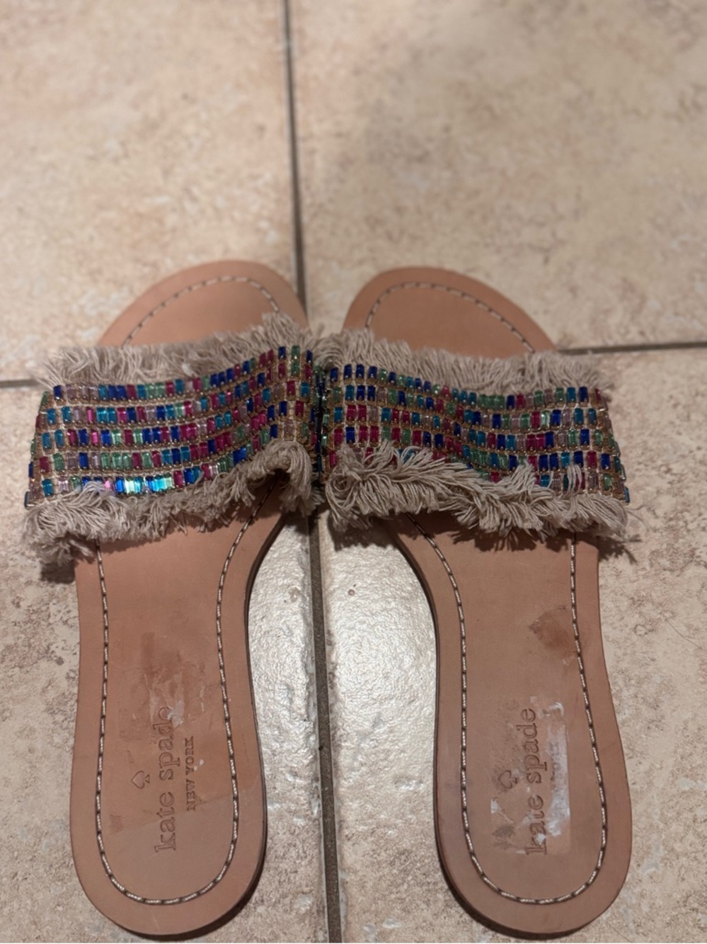 kate spade Tan Fringe Slide Sandals with Multicolor Gem Straps
